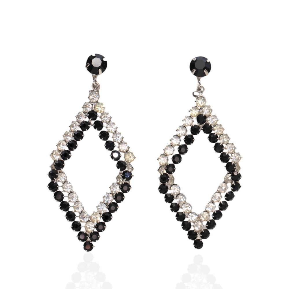 Vintage Black & Clear Rhinestone Clip On Statement Drop Earrings Art Deco